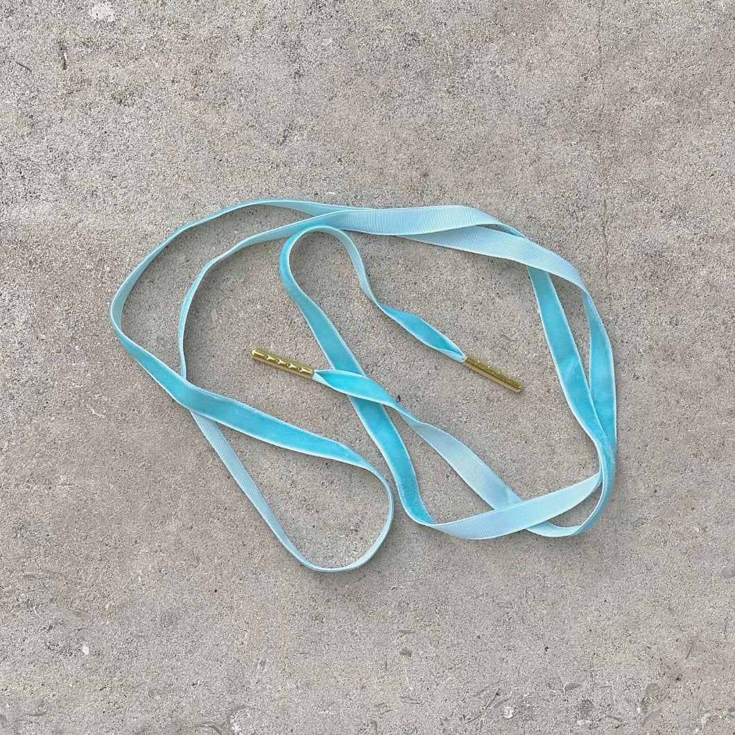 Alice Bow Sea Blue Velvet Shoelaces - perfect for trainers and lace-up shoes, including bridal shoes.